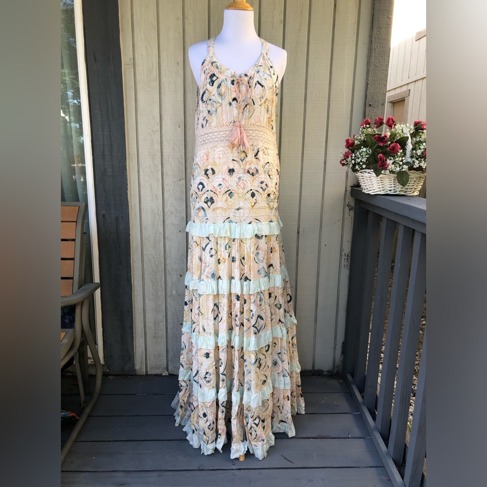Bohemian Metallic Tiered Ruffled Crochet Geometric Pastel Cream Maxi Dress M